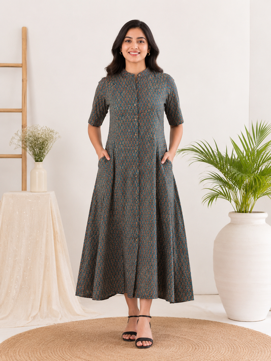 Indigo Red Ajrakh A Line Maxi Shirt Dress