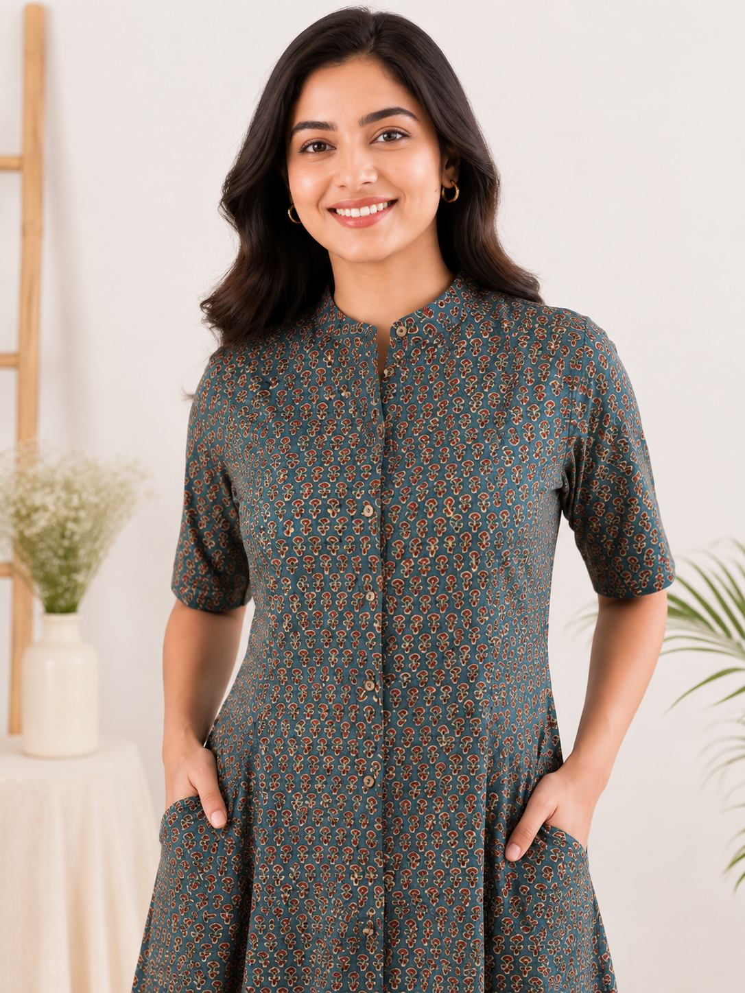 Indigo Red Ajrakh A Line Maxi Shirt Dress