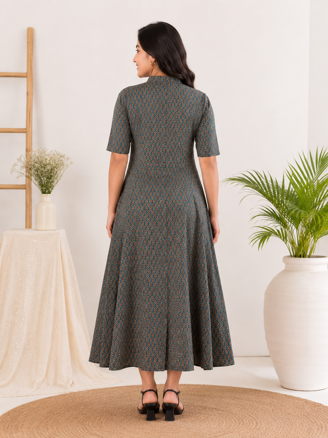 Indigo Red Ajrakh A Line Maxi Shirt Dress