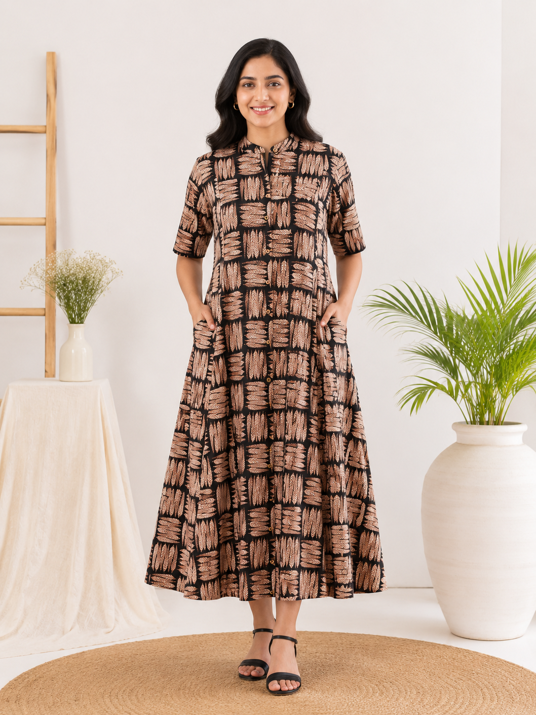 Patra Bagru Hand Block printed A Line Maxi Shirt Dress