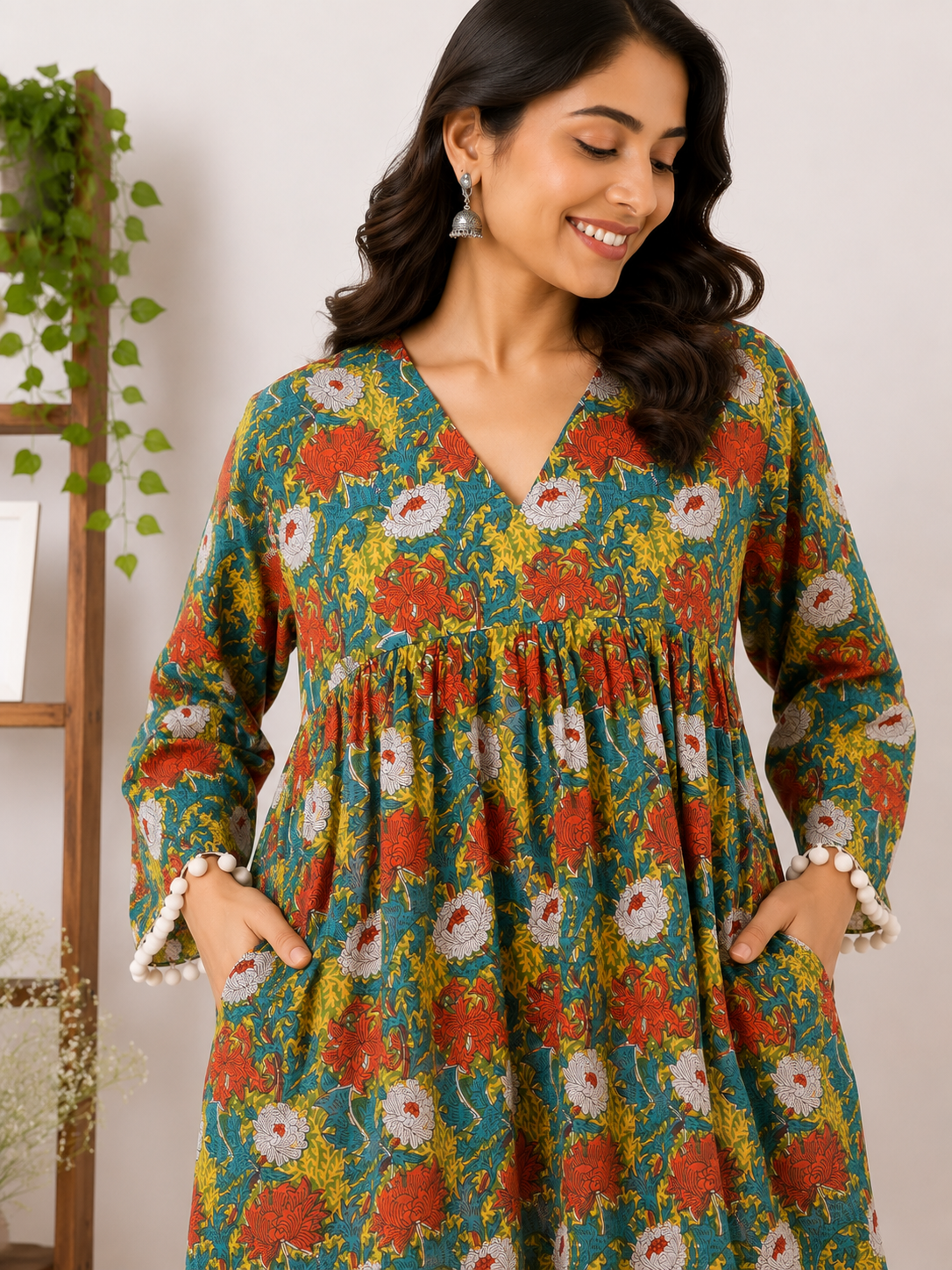 Orange Yellow Hand Block Printed Comfort Fit Flared Dress with Pompoms