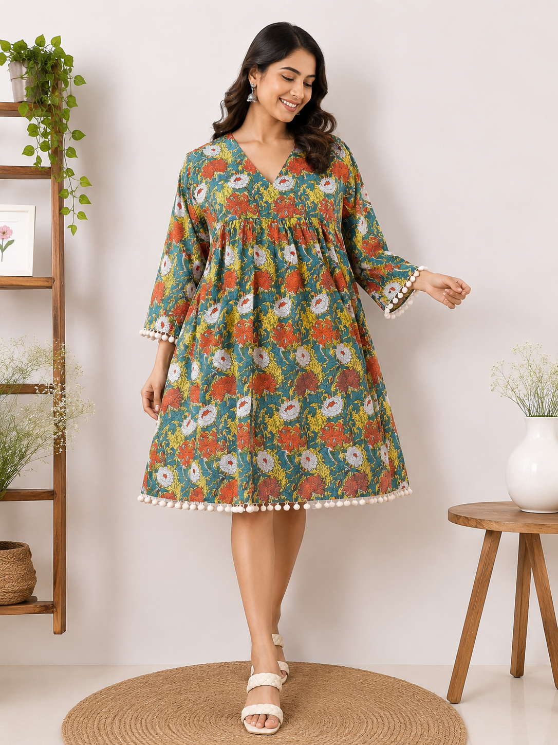 Orange Yellow Hand Block Printed Comfort Fit Flared Dress with Pompoms