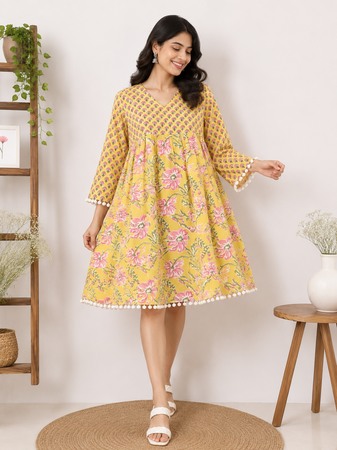 Feroza Hand Block Printed Comfort Fit Flared Dress with Pompom