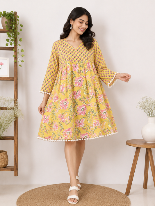 Feroza Hand Block Printed Comfort Fit Flared Dress with Pompom