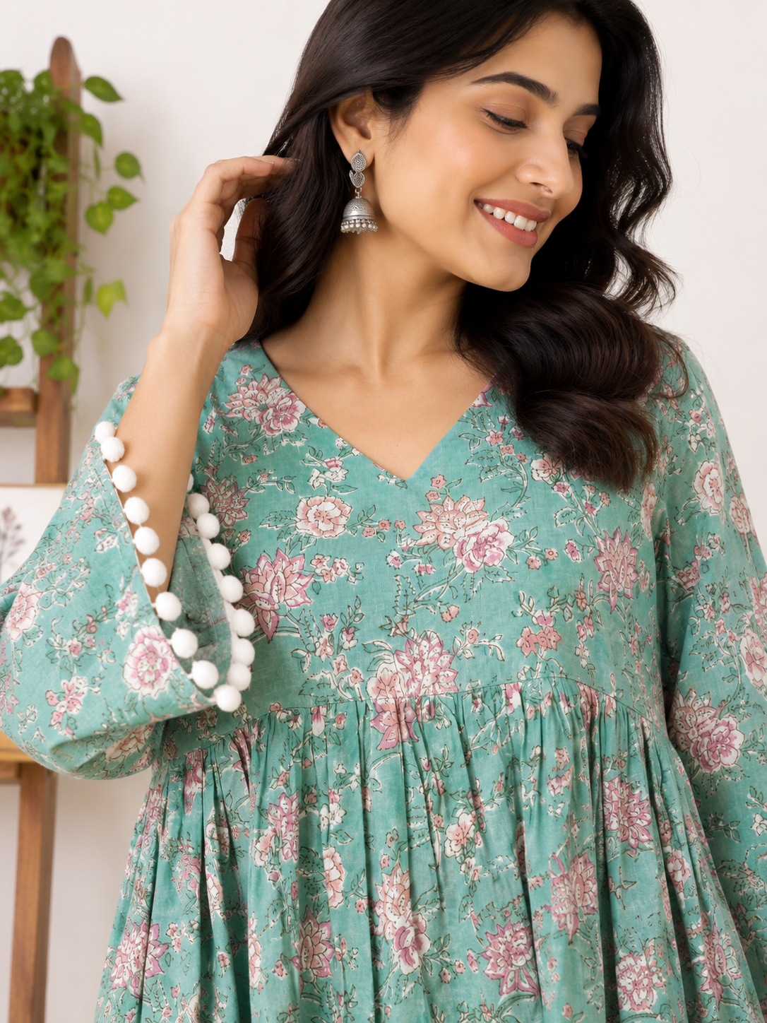 Aqsa Hand Block Printed Comfort Fit Flared Dress with Pompoms