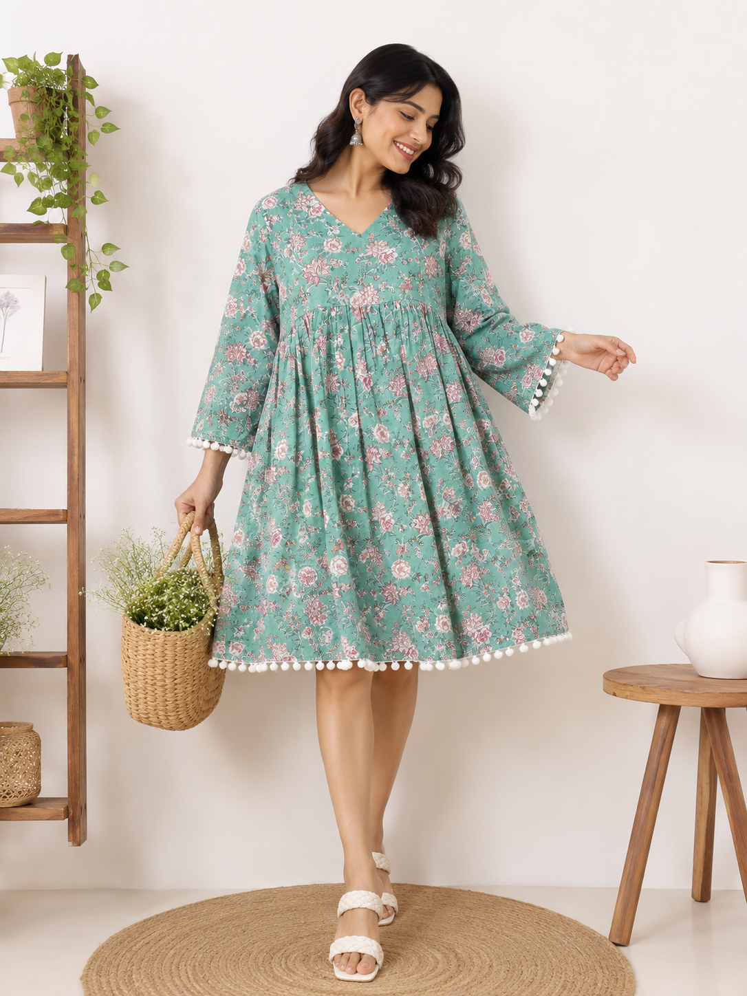 Aqsa Hand Block Printed Comfort Fit Flared Dress with Pompoms