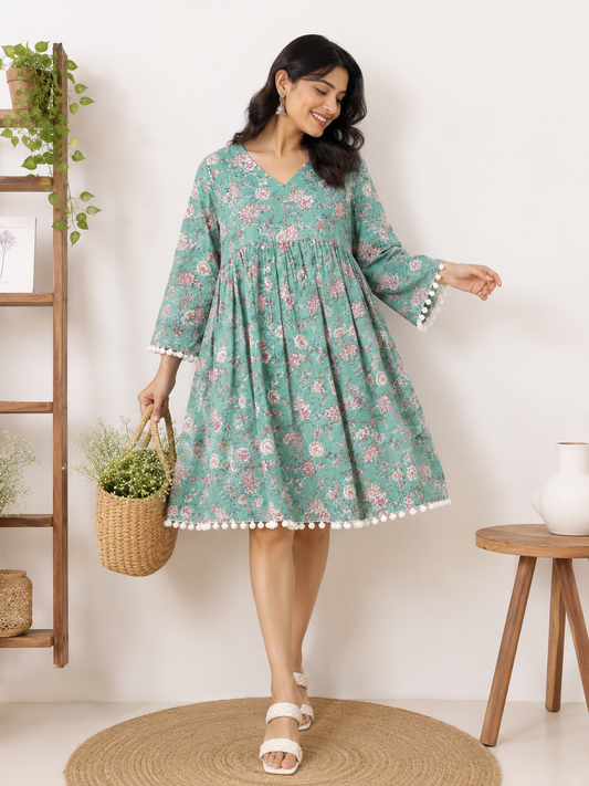 Aqsa Hand Block Printed Comfort Fit Flared Dress with Pompoms