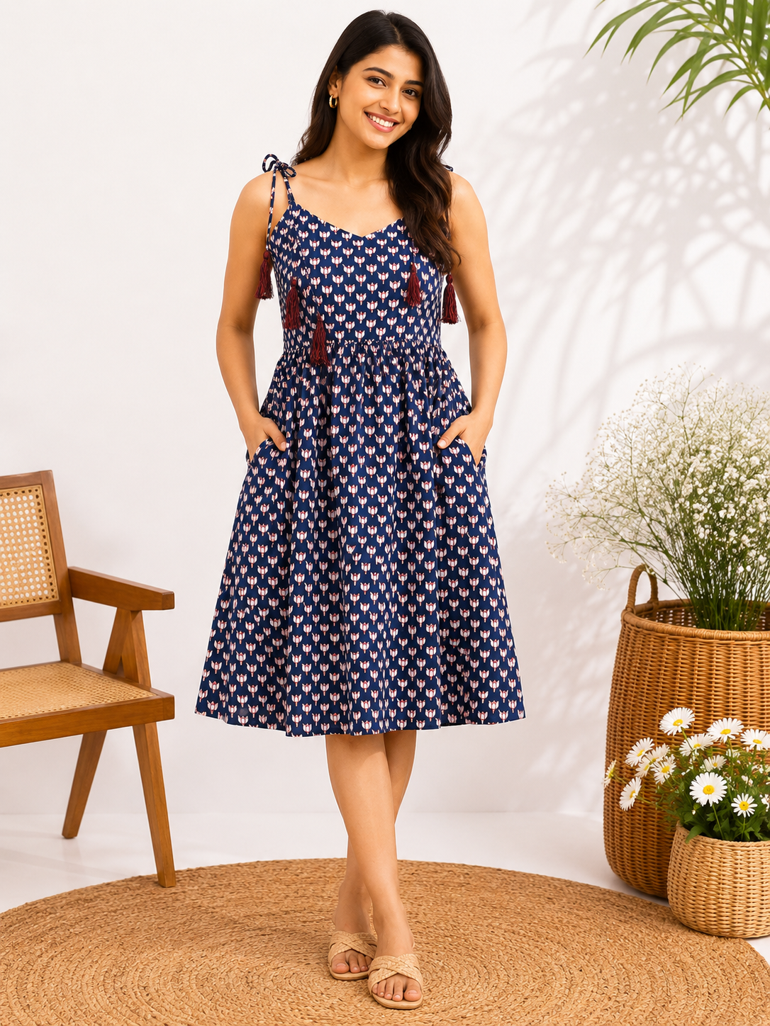 Kamal Hand Block Printed Knee Length Dress with Shoulder Tie