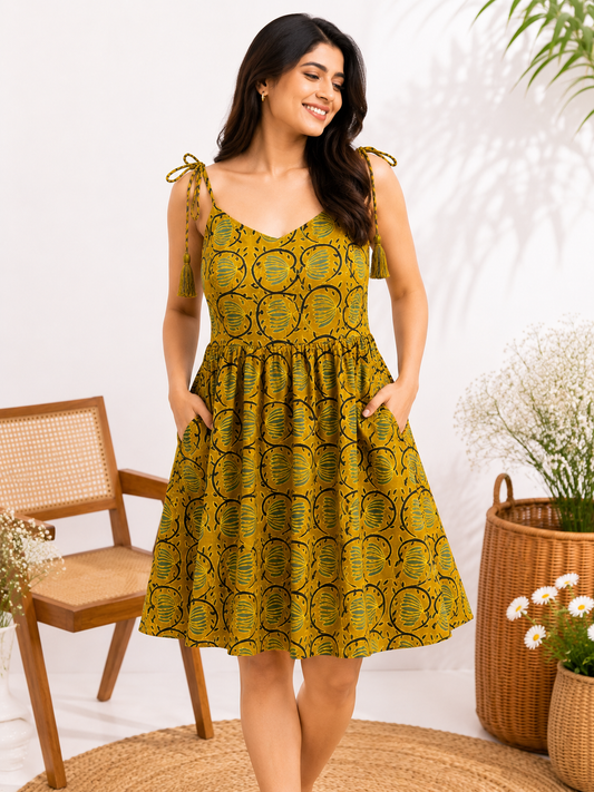 Samaira Hand Block Printed Knee Length Dress with Shoulder Tie