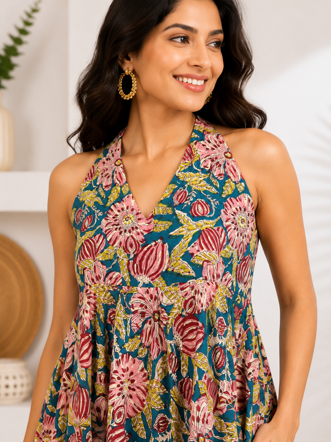 Aarzu Hand Block Printed Halter Neck Midi Dress