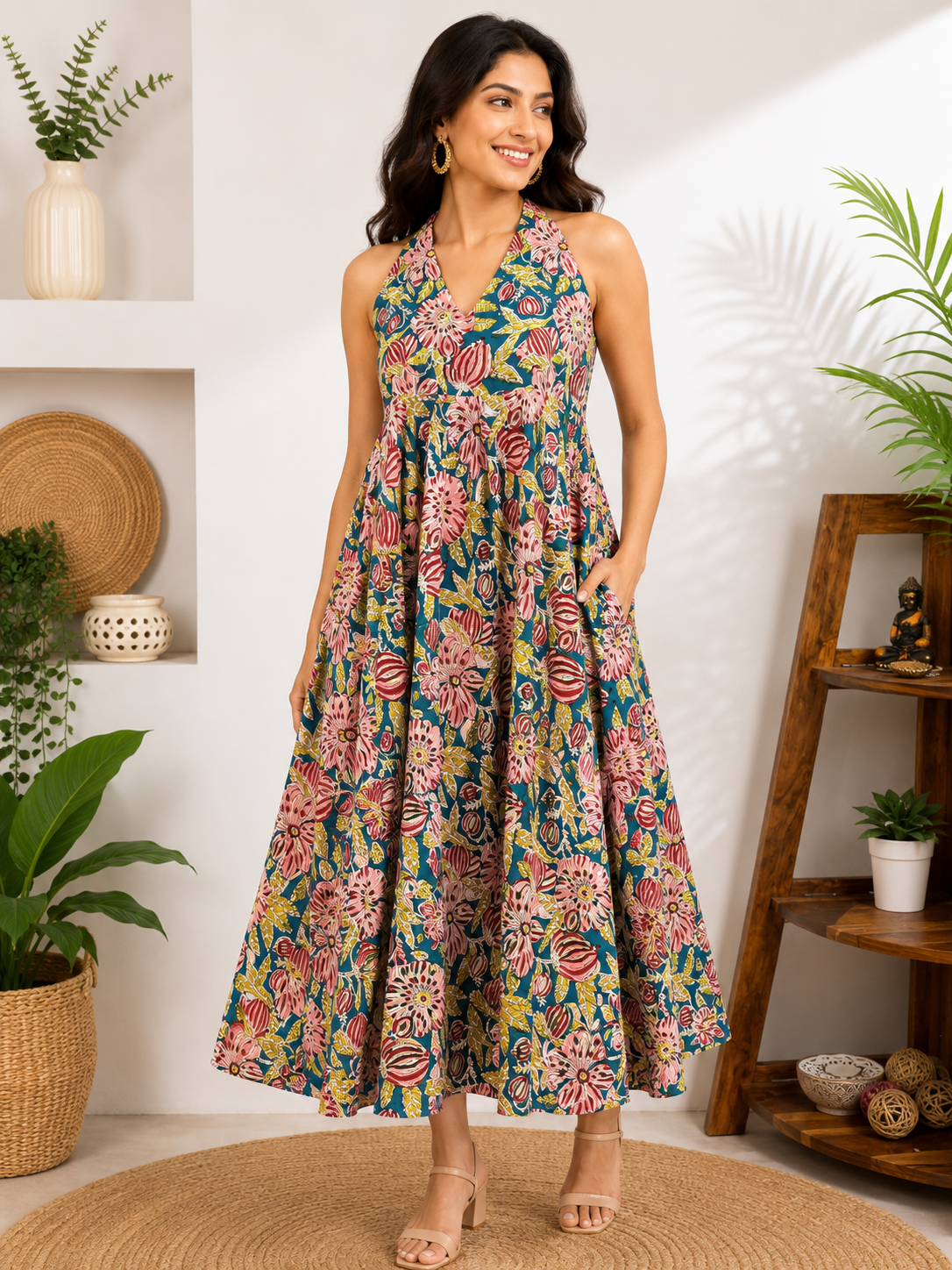 Aarzu Hand Block Printed Halter Neck Midi Dress