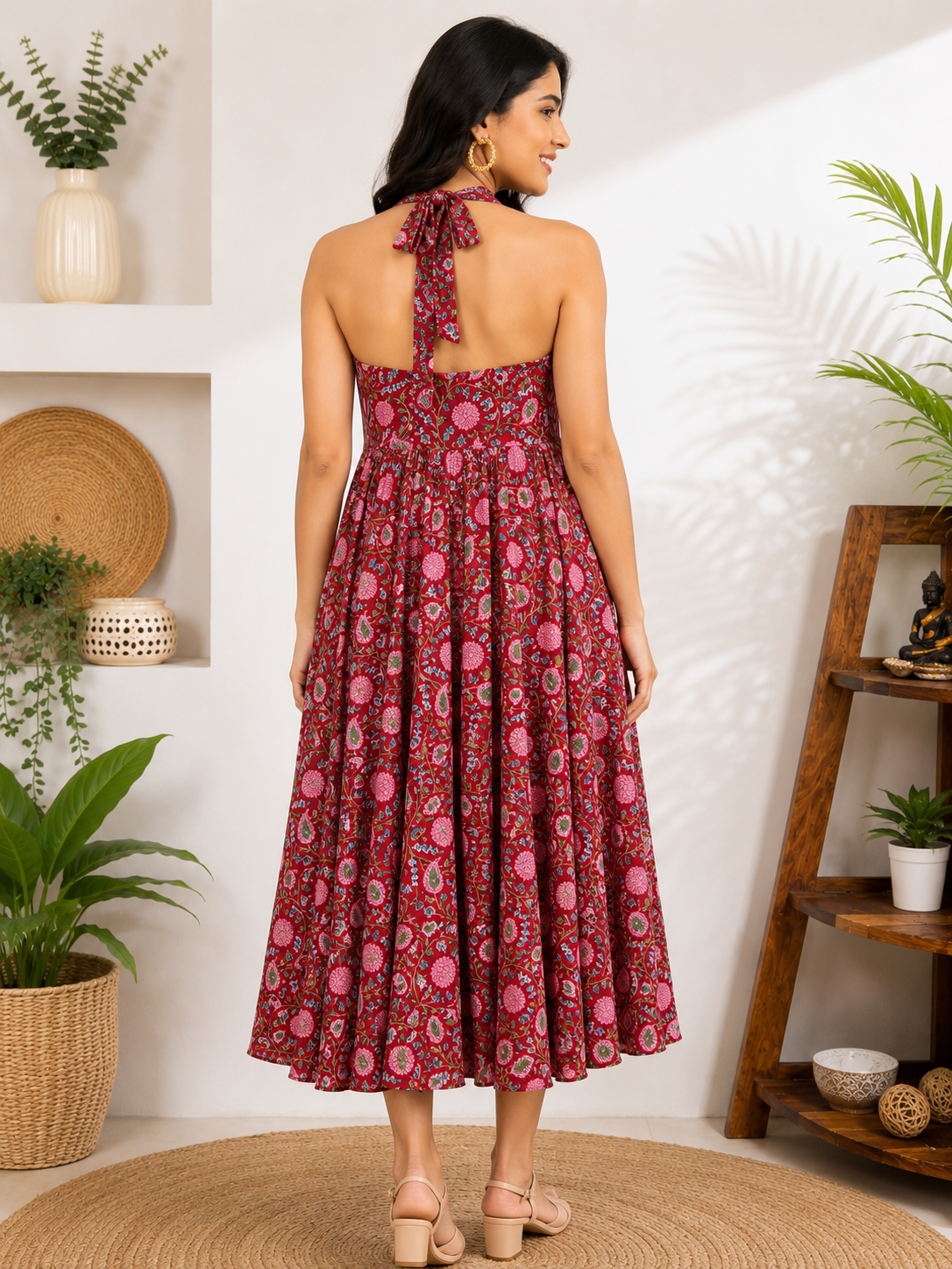 Kumkum Hand Block Printed Halter Neck Midi Dress
