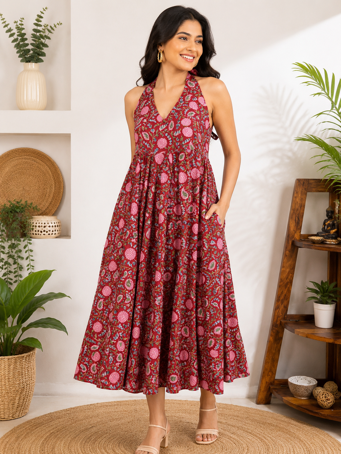 Kumkum Hand Block Printed Halter Neck Midi Dress