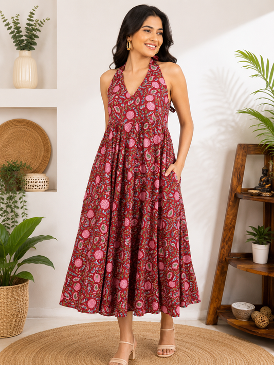 Kumkum Hand Block Printed Halter Neck Midi Dress