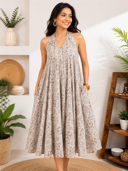Kashish Tiles Hand Block Printed Halter Neck Midi Dress