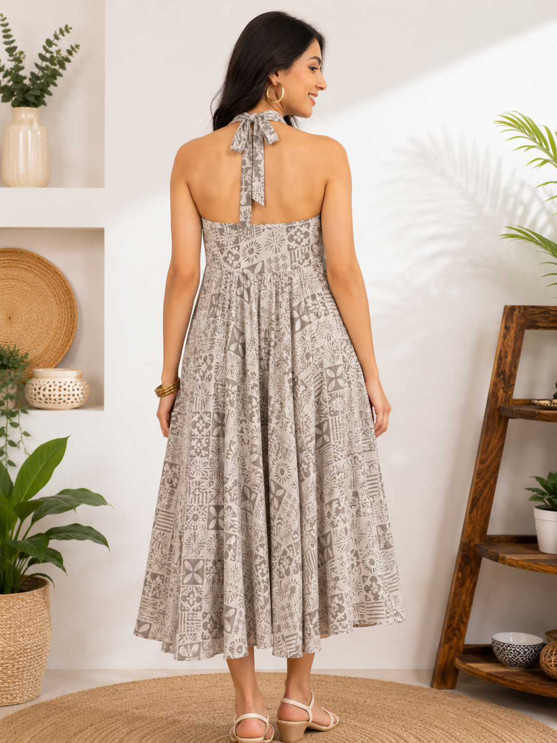Kashish Tiles Hand Block Printed Halter Neck Midi Dress