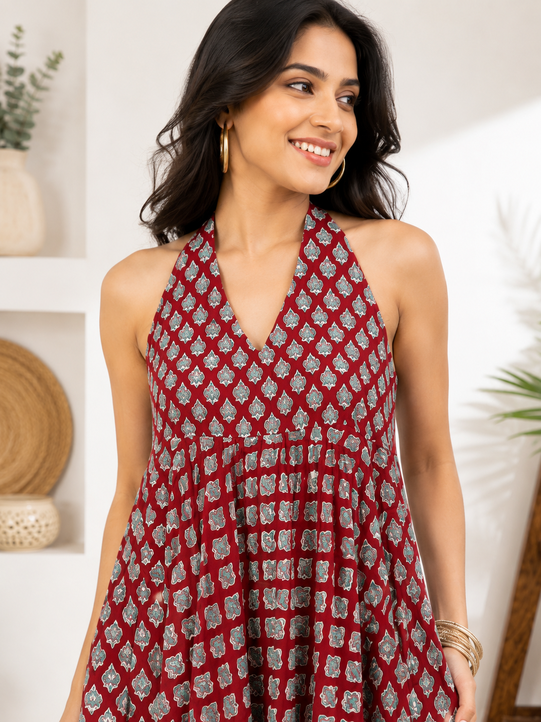 Anaar Hand Block Printed Halter Neck Midi Dress