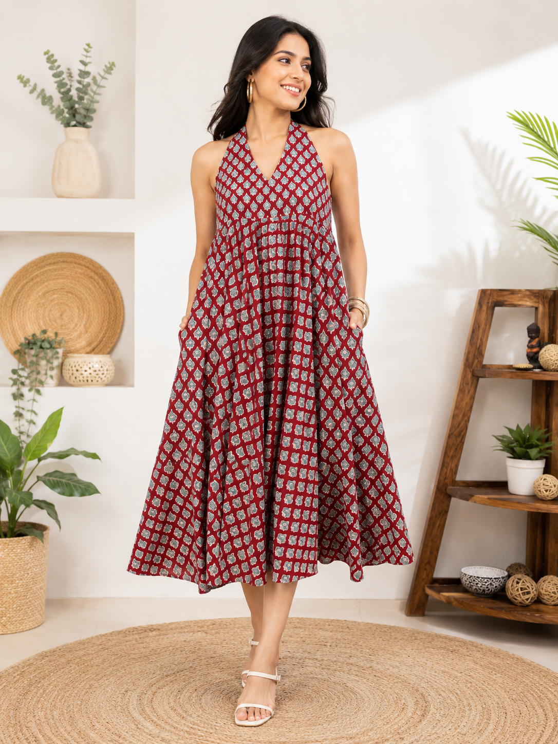 Anaar Hand Block Printed Halter Neck Midi Dress