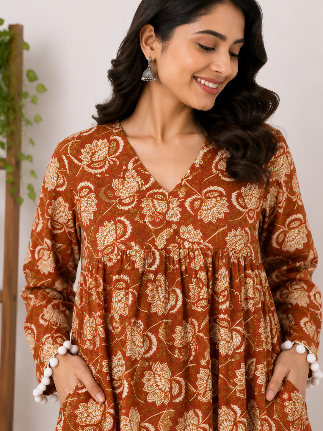 Vasudha Hand Block Printed Comfort Fit Flared Dress with Pompoms