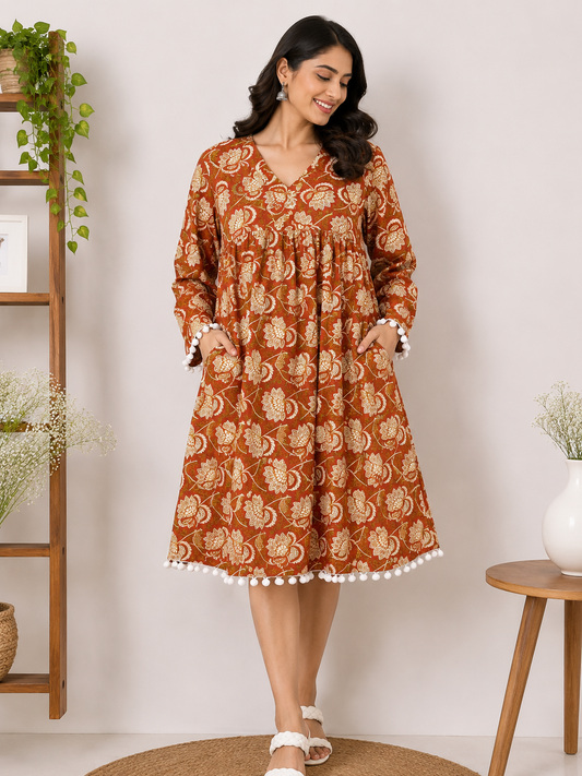 Vasudha Hand Block Printed Comfort Fit Flared Dress with Pompoms