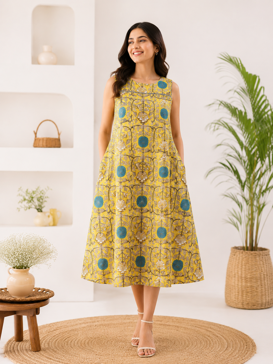 Amaltas Hand Block Printed Midi Dress with Lace Detailing