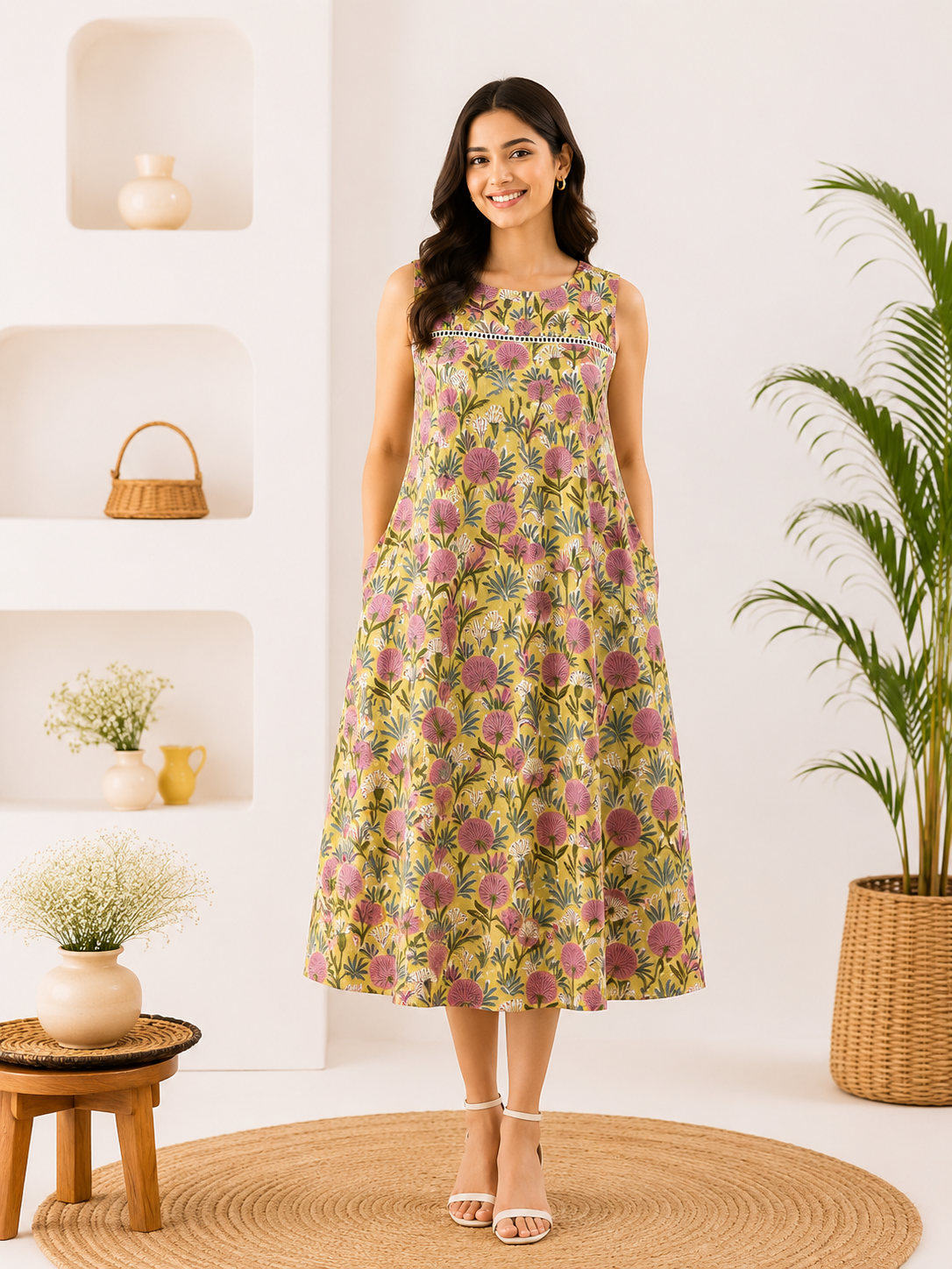 Basanti Hand Block Printed Midi Dress with Lace Detailing