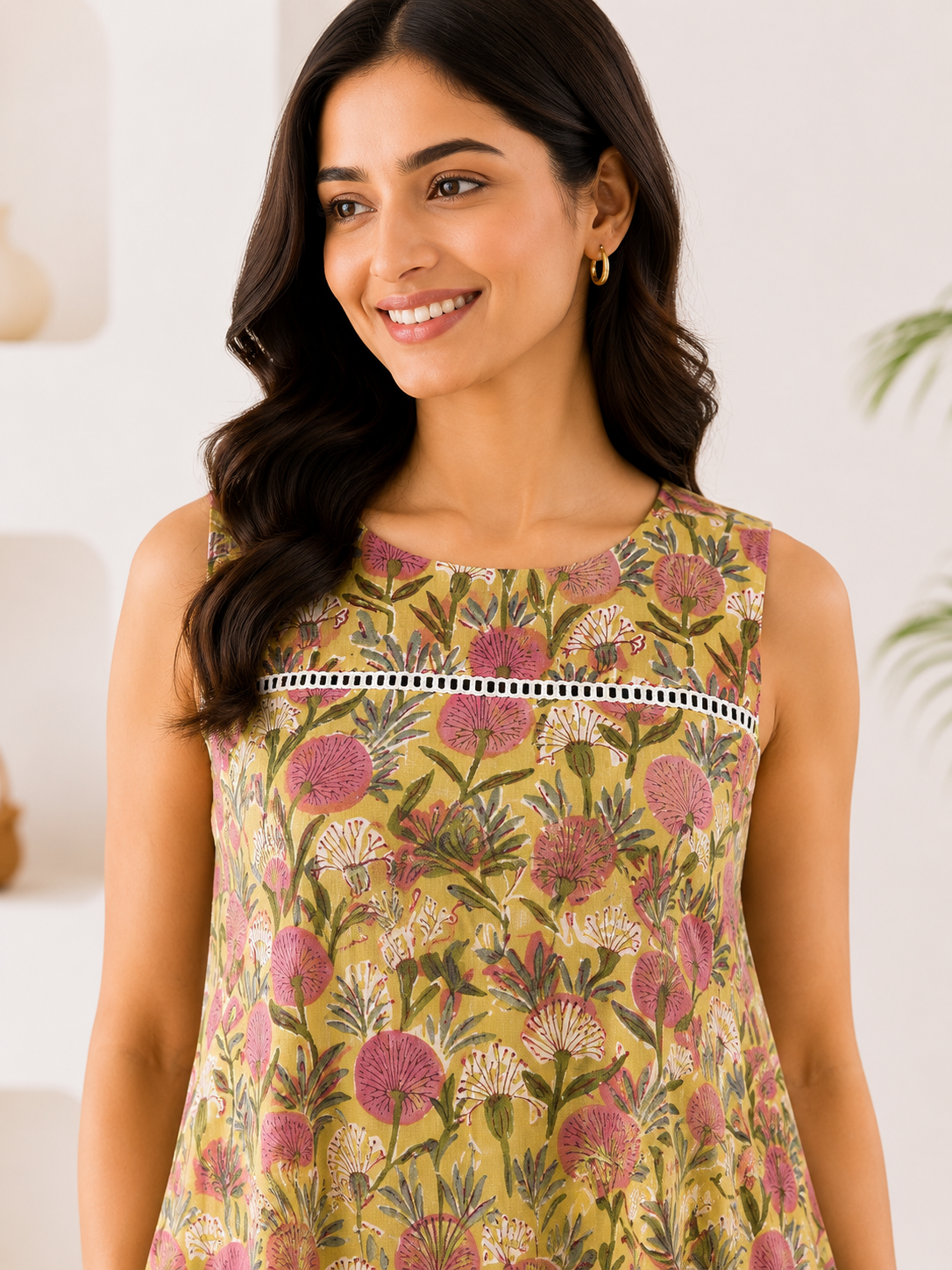 Basanti Hand Block Printed Midi Dress with Lace Detailing