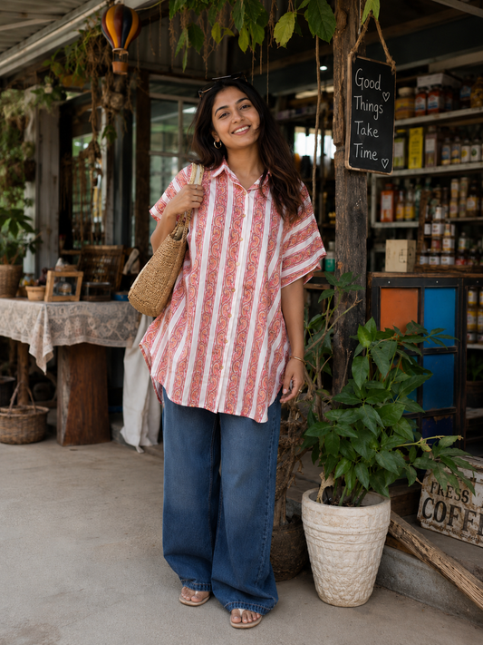 Rose Peach Cotton Hand Block Printed High-Low Shirt Kaftan