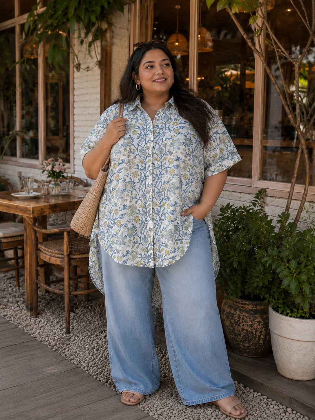 Sage Blue Cotton Hand Block Printed High-Low Shirt Kaftan