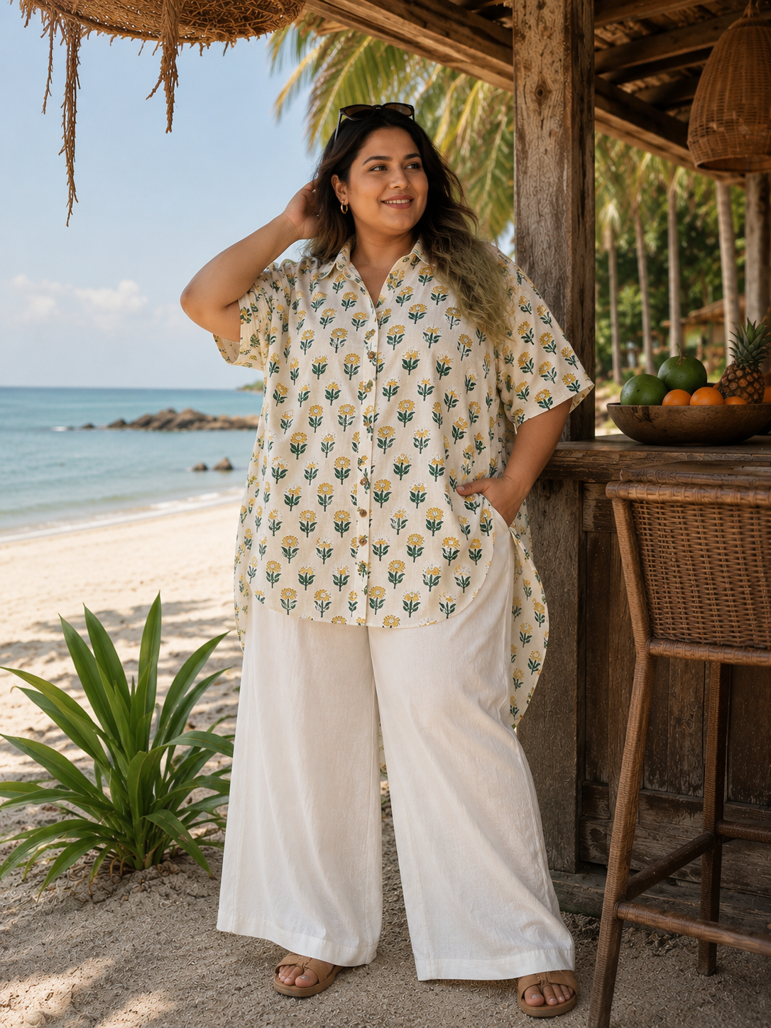 Mustard Green Cotton Hand Block Printed High-Low Shirt Kaftan