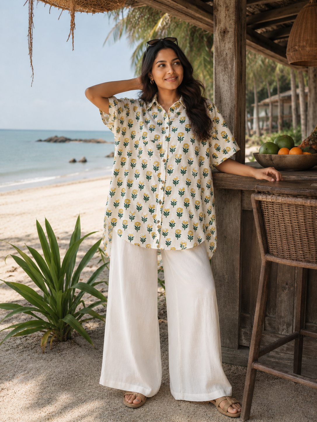 Mustard Green Cotton Hand Block Printed High-Low Shirt Kaftan