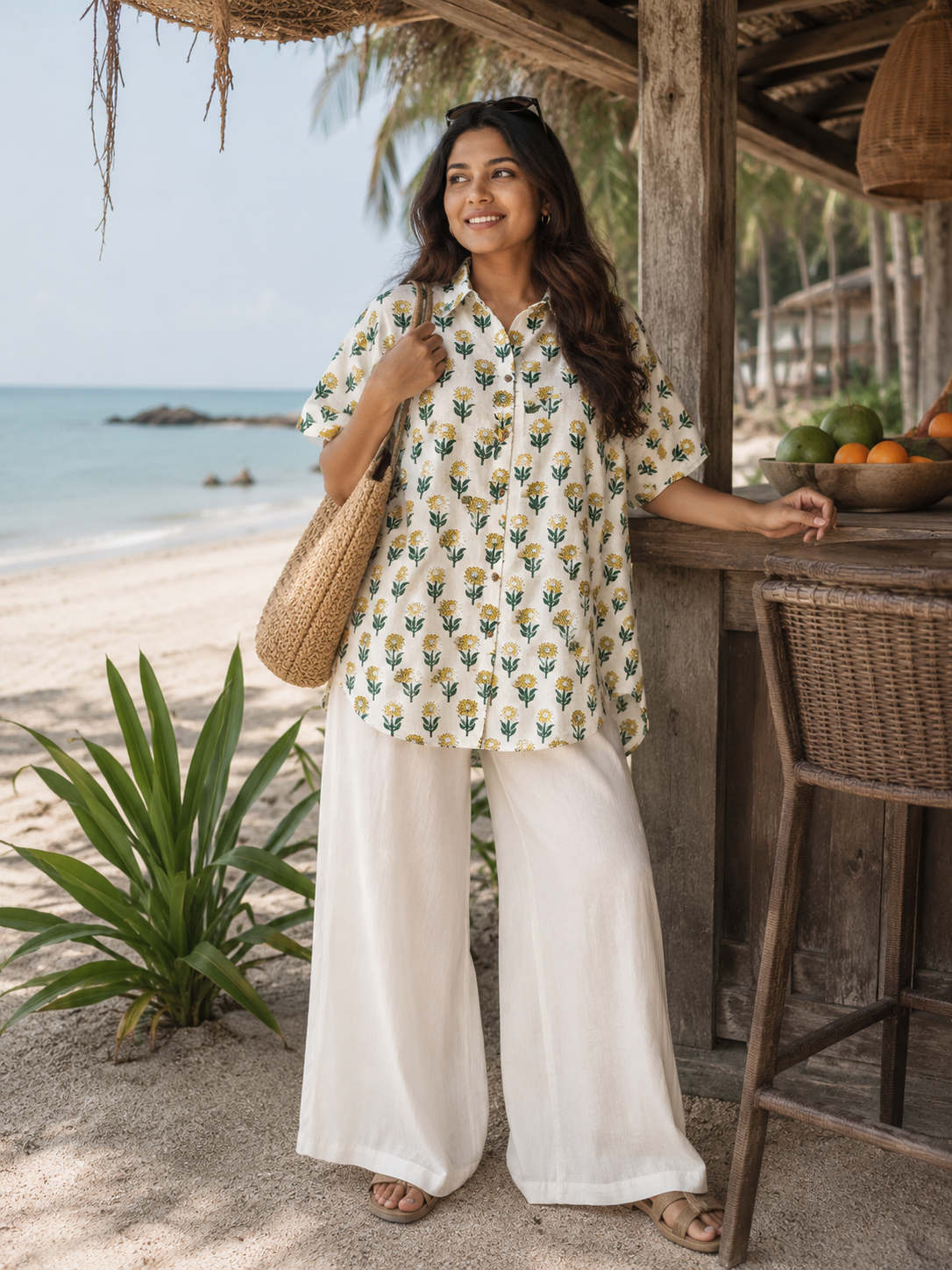 Mustard Green Cotton Hand Block Printed High-Low Shirt Kaftan