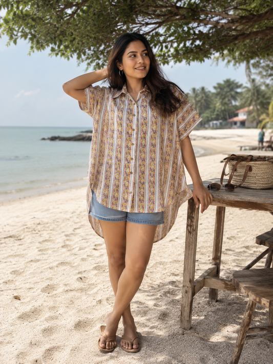 Blush Yellow Cotton Hand Block Printed High-Low Shirt Kaftan