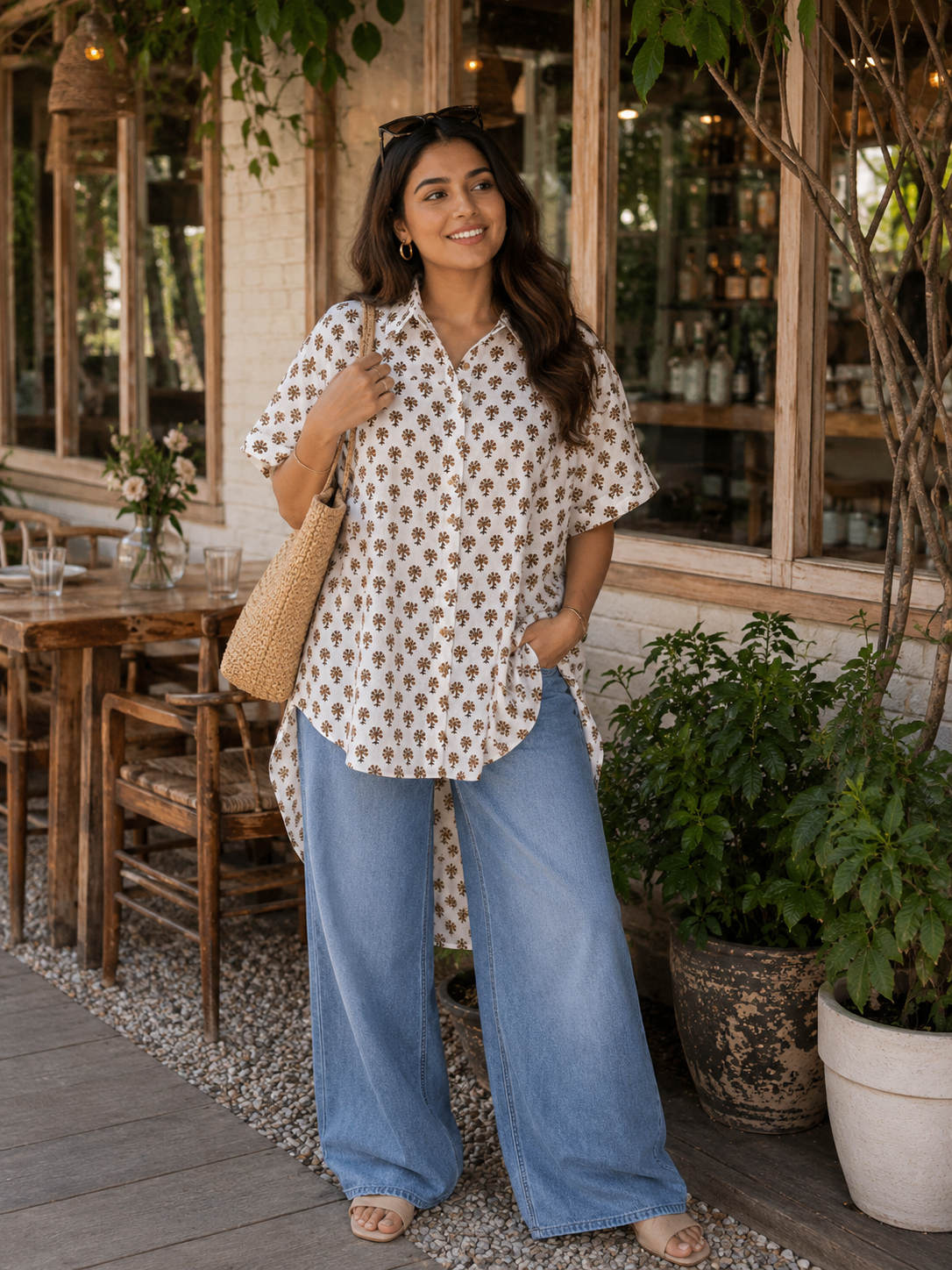 Ivory Mocha Cotton Hand Block Printed High-Low Shirt Kaftan