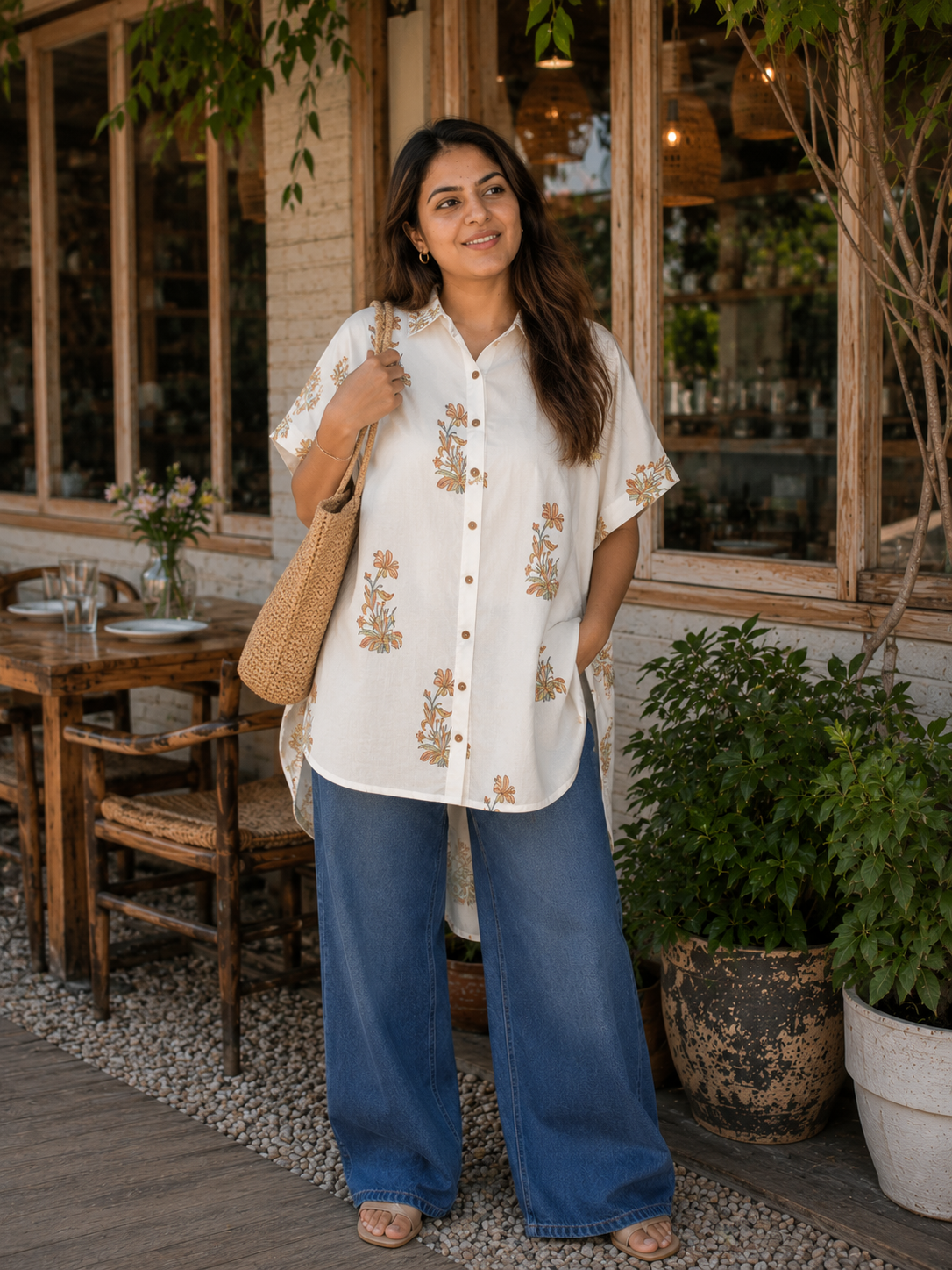 Ivory Blush Cotton Hand Block Printed High-Low Shirt Kaftan