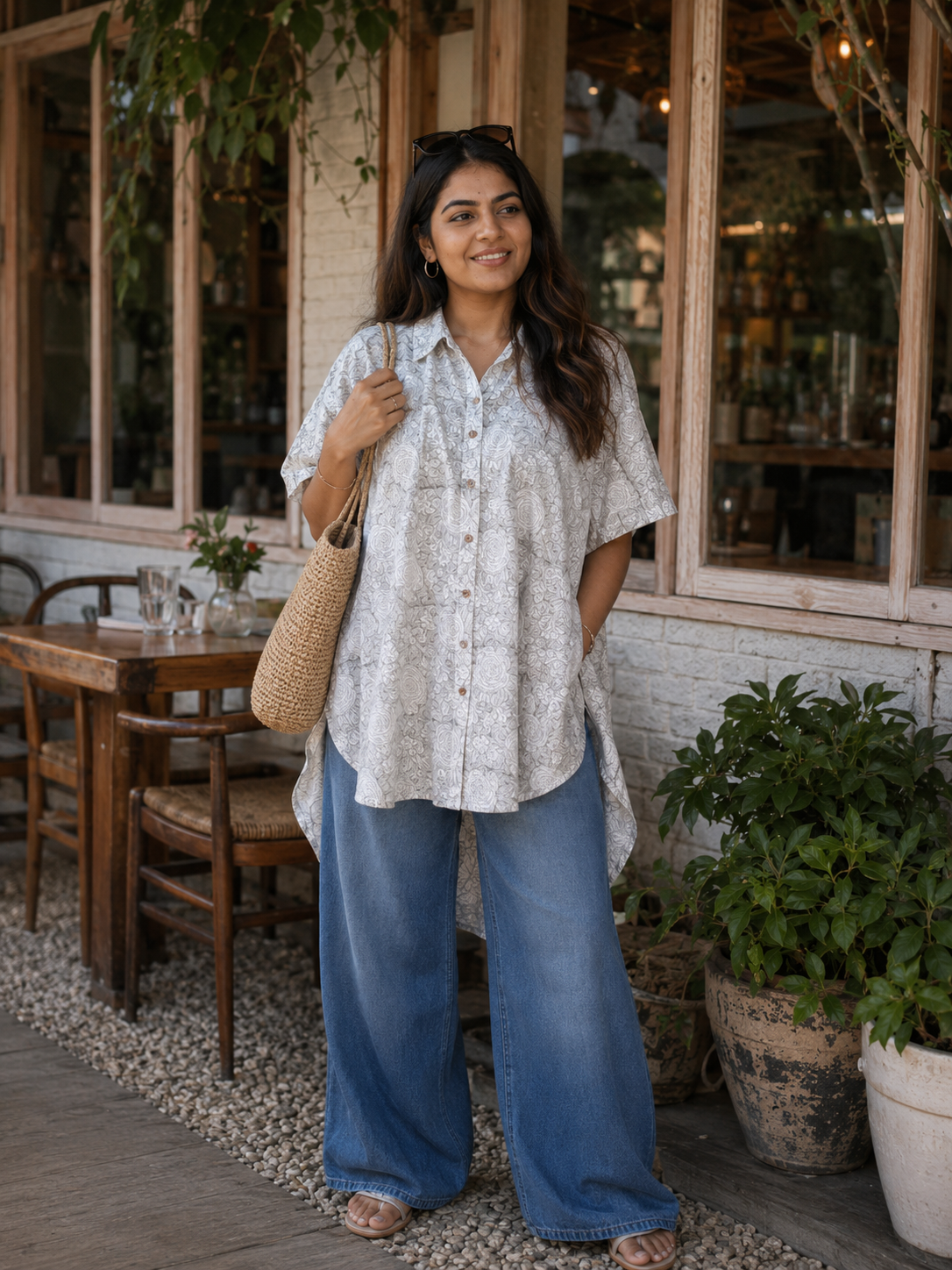 Ivory Grey Cotton Hand Block Printed High-Low Shirt Kaftan