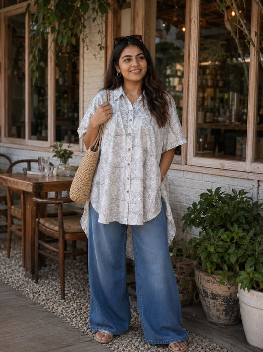 Ivory Grey Cotton Hand Block Printed High-Low Shirt Kaftan