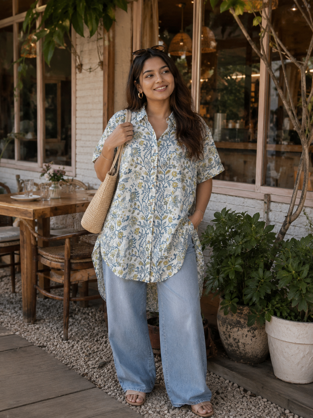 Sage Blue Cotton Hand Block Printed High-Low Shirt Kaftan