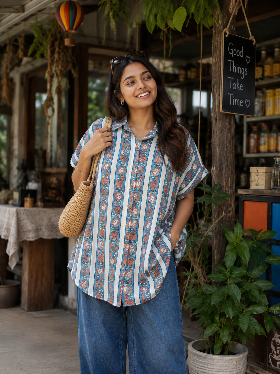 Blue Coral Cotton Hand Block Printed High-Low Shirt Kaftan