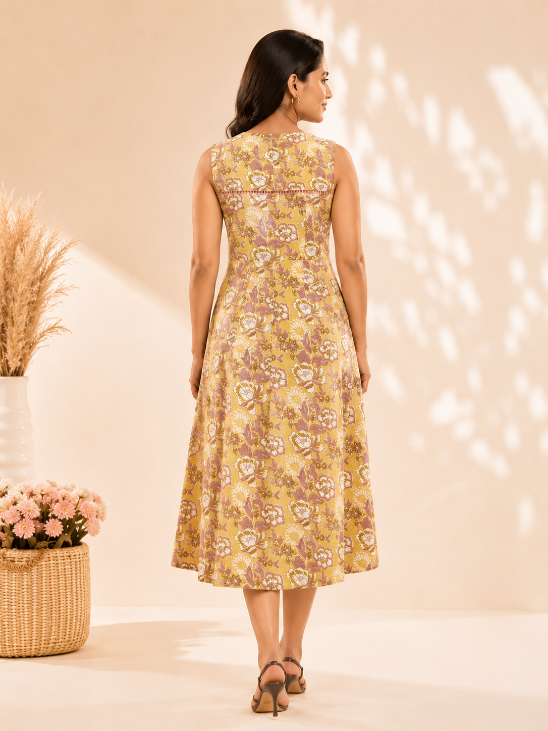Buttercup Hand Block Printed Midi Dress with Lace Detailing