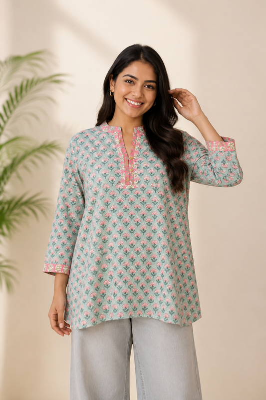 Noori Cotton Hand Block Printed Short Kurti