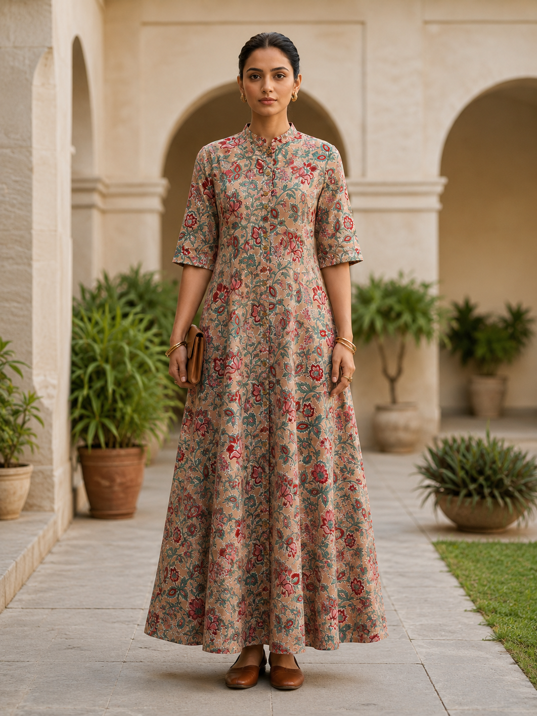 Dusty Rose Hand Block printed A Line Maxi Shirt Dress