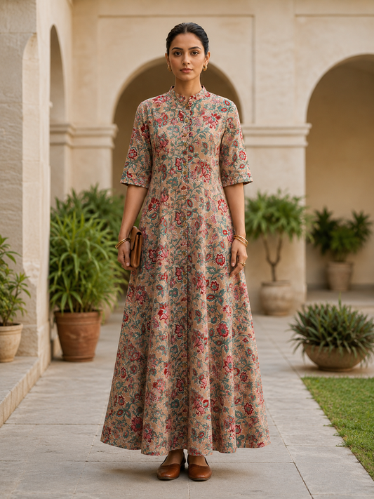 Dusty Rose Hand Block printed A Line Maxi Shirt Dress