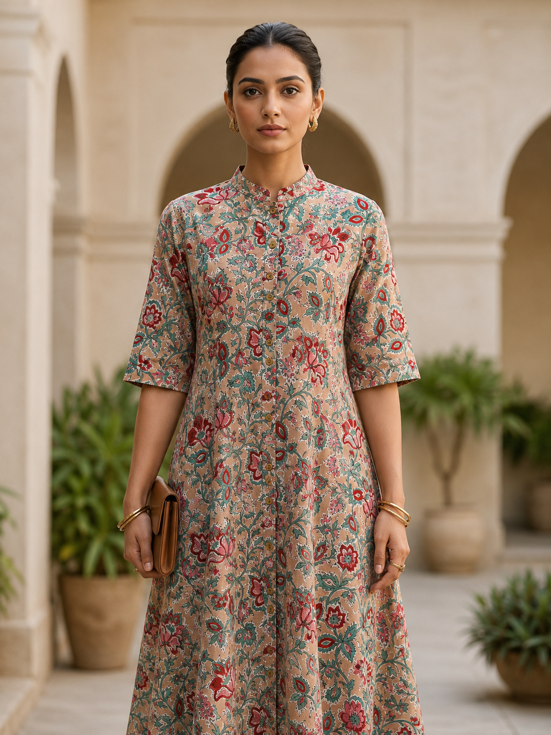 Dusty Rose Hand Block printed A Line Maxi Shirt Dress