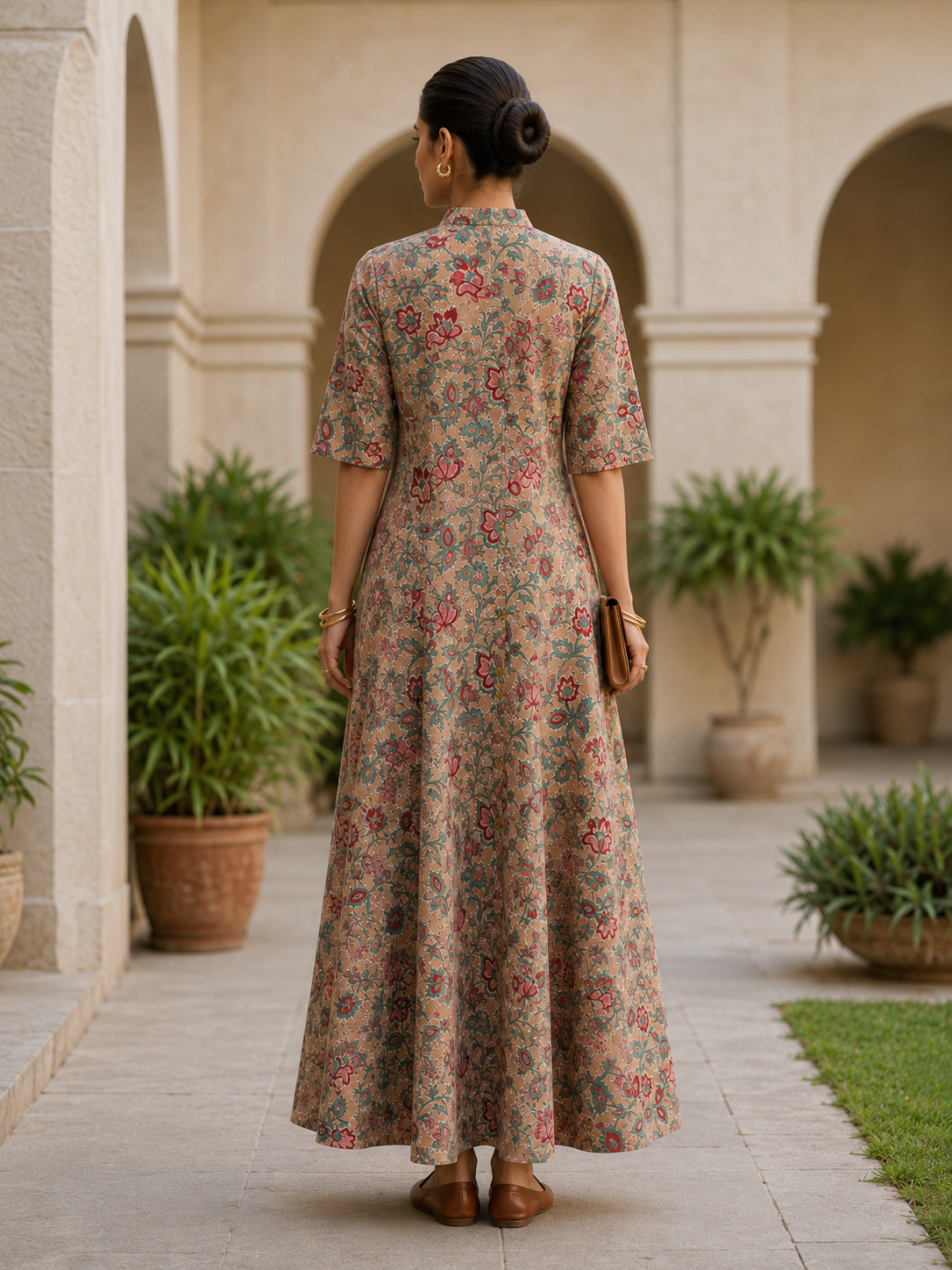 Dusty Rose Hand Block printed A Line Maxi Shirt Dress