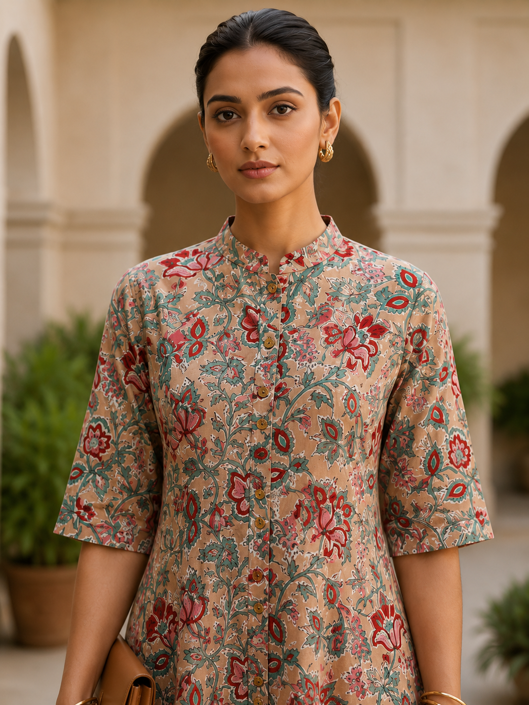 Dusty Rose Hand Block printed A Line Maxi Shirt Dress