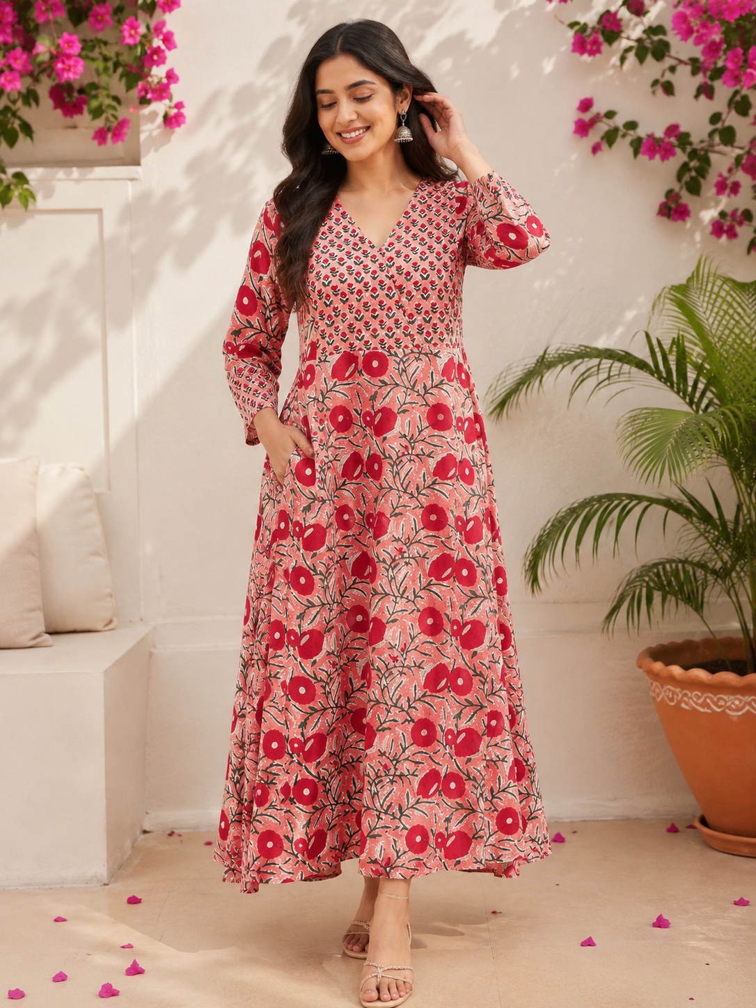 Saroj Hand Block Printed A Line Maxi Patch Dress