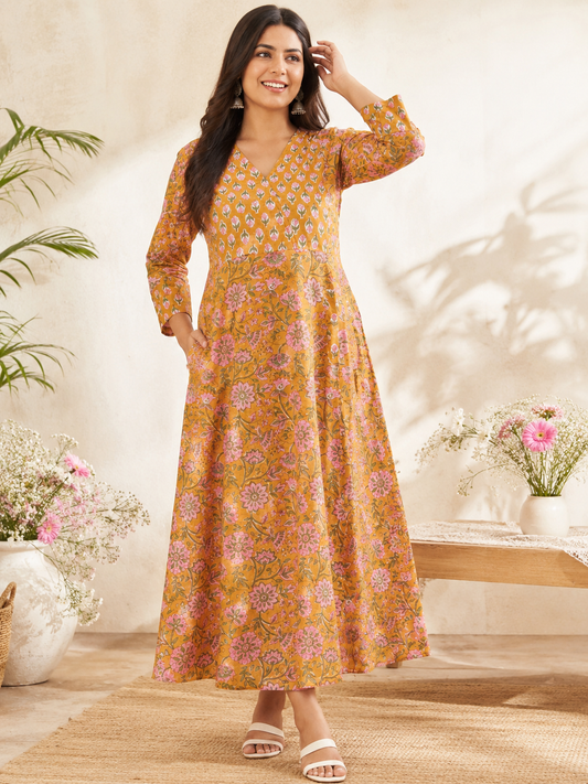 Chashini Hand Block Printed A Line Maxi Patch Dress