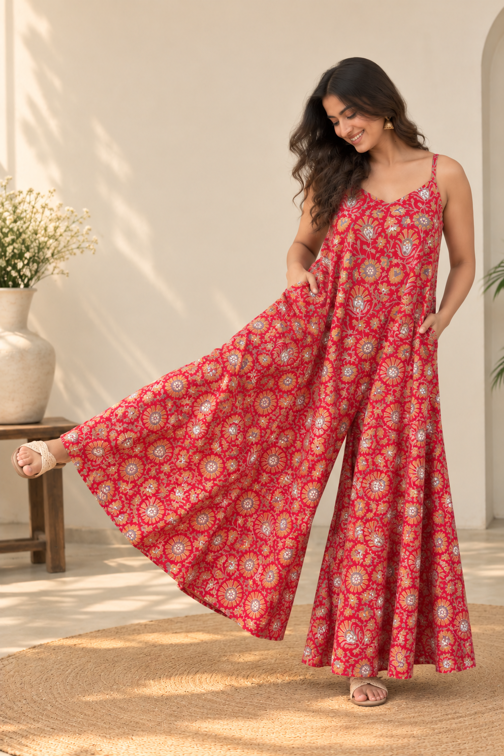 Phoolwari Hand Block Printed Floral Flared Jumpsuit