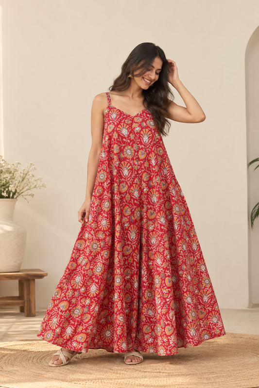 Phoolwari Hand Block Printed Floral Flared Jumpsuit